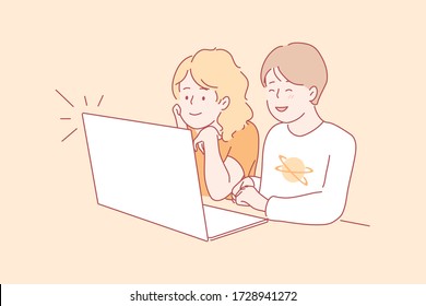 Children watching videos concept. Young happy captivated boy girl brother sister cartoon character sitting together and looking kids shows at laptop. Childish leisure time and lifestyle illustration.