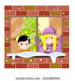 Children watching in winter view outside window. Brick wall of house and Kids with Christmas tree decorated with lights. Boy and girl in hats, scarf and sweater. Waiting for Christmas and new year. 