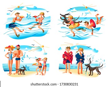 Kinder Wasserspass während der Sommersaison. Schwester und Bruder, Mädchen und Junge spielen, herumspielen und sich verwöhnen lassen. Kid Schwimmen in Gummi Ring, Schießen mit aqua Pistole. Vektor-Abbildung