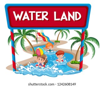 Children at the water land illustration