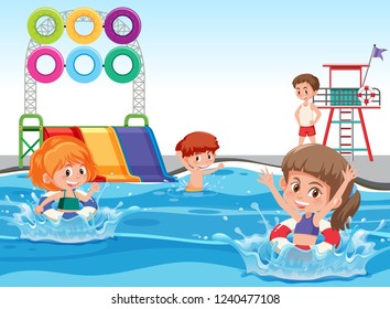 Children at the water park illustration