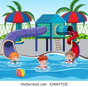 Children at the water park illustration