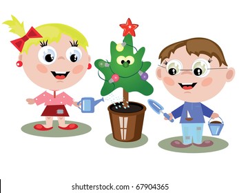 Children watering fir tree
