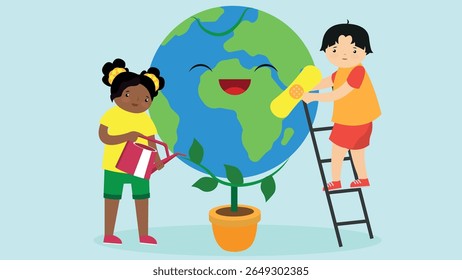 Children watering the globe. Earth day concept. Vector illustration in flat style