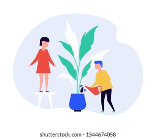 Children watering houseplant together flat vector illustration. Little girl and boy, sister and brother cartoon characters. Domestic chores, horticulture, gardening concept. Kids nursing indoor plant