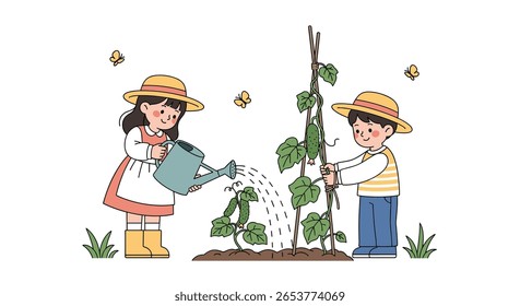 Children watering plants growing tall together in the garden on a sunny day with butterflies flying around