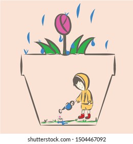 Children watering plants on a bright day