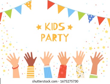 Children wave their hands at a party with flags. Children's hands raised up. The concept of a children's holiday and a happy childhood