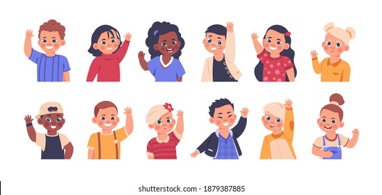 Children waving. Cartoon elementary school kids smiling and showing goodbye or welcome gesture. Little cute child portraits vector happy boys and girls in flat style characters isolated collection