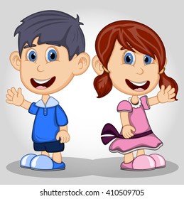 Children waving hand cartoon vector illustration