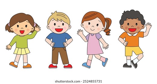 Crianças acenando mãos dizendo olá para amigos feliz e sorrindo em diferentes raças ilustração kawaii bonito japonês estilo desenho animado decorativo isolado vetor linha
