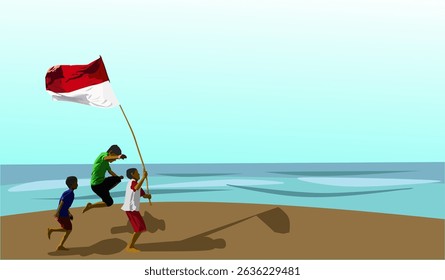 Crianças acenando a bandeira da Indonésia. para o dia da independência da República da Indonésia, 17 de agosto. Hari kemerdekaan Indonésia 17 Agustus. Para banner ou pôster.
