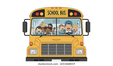 Crianças acenando de um ônibus escolar amarelo para ver estudantes felizes animados pela educação