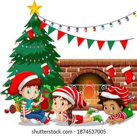 Children wear Christmas costume cartoon character on white background illustration
