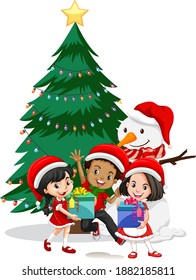 Children wear Christmas costume cartoon character with snowman on white background illustration