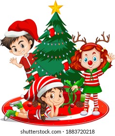 Children wear Christmas costume cartoon character with Christmas tree on white background illustration