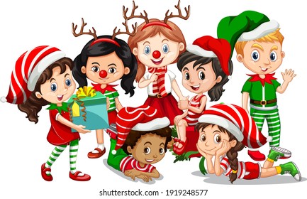 Children wear Christmas costume cartoon character on white background illustration