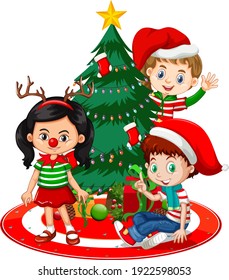 Children wear Christmas costume cartoon character with Christmas tree on white background illustration