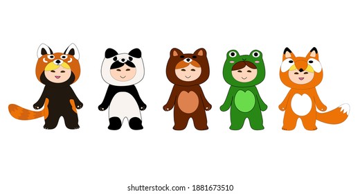 Children wear costumes of cute animals. Anime illustration in white background. Vector cartoon of  kawaii children in furry costumes set. Isolated