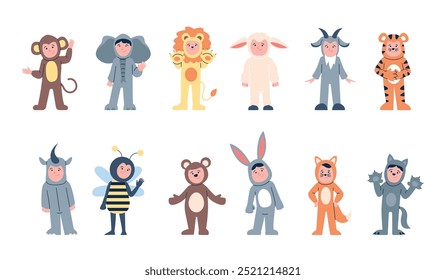Children wear masquerade costumes. Kids in pajamas, cute little bear tiger lion bunny elephant sheep fox and hippo. Carnival recent vector characters