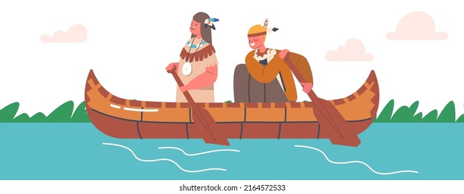 Children Wear Native Indian American Costumes Swim on Canoe, Kids Indigenous Characters Playing Games in Summer Camp, Boy and Girl Rowing Kayak Boat in the River. Cartoon People Vector Illustration