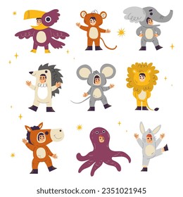 Children Wearing Animal Costumes Standing and Smiling Vector Set
