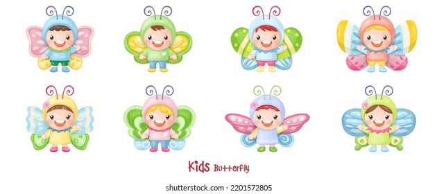 Children Wearing Butterfly, Watercolor Clipart