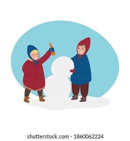 Children wearing comfortable cozy warm winter clothes making snowman