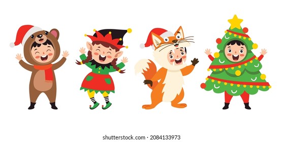 Children Wearing Costumes In Christmas Theme