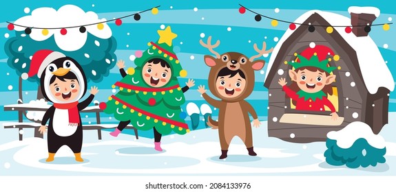 Children Wearing Costumes In Christmas Theme
