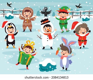 Children Wearing Costumes In Christmas Theme