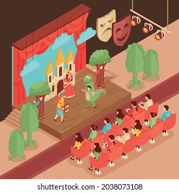 Children Wearing Costumes Of Dragon Knight Princess Trees Acting In Play On Stage In Front Of Audience 3d Isometric Vector Illustration