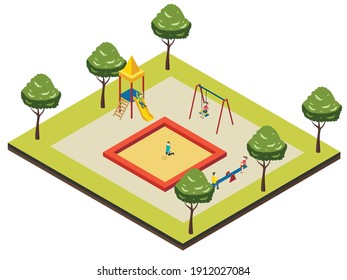 Children wearing face mask and playing in the park at playground. Isometric vector concept