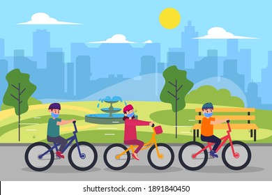 Children wearing face mask riding bike at park 2D flat vector concept for banner, website, illustration, landing page, flyer, etc.