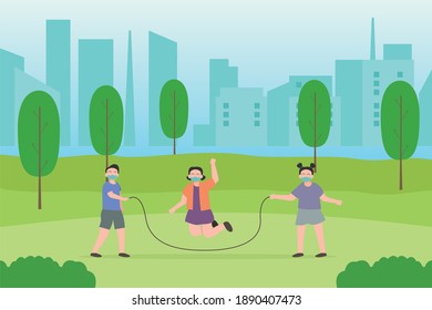 Children wearing facemask playing skipping rope 2D flat vector concept for banner, website, illustration, landing page, flyer, etc.