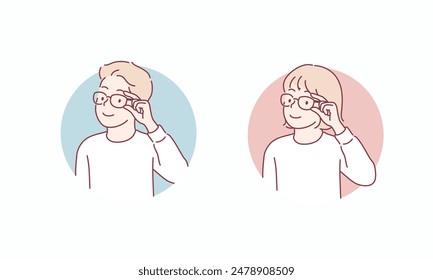 Children are wearing glasses. Hand drawn style vector design illustrations.