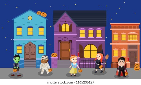 The children are wearing halloween costume and enjoying trick or treat in town vector illustration in flat style