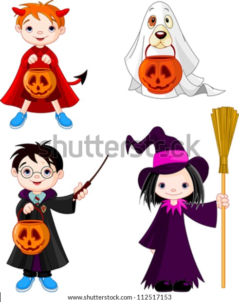 Group Of Young Children In Halloween Costumes In Full Length.. Royalty Free  Cliparts, Vectors, And Stock Illustration. Image 124315687.