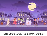 Children wearing halloween costumes. Kid groups in diversity monster costume at dark house night city street, trick or treat party ghost carnival, ingenious vector illustration of costume halloween