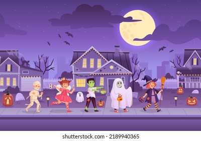 Children wearing halloween costumes. Kid groups in diversity monster costume at dark house night city street, trick or treat party ghost carnival, ingenious vector illustration of costume halloween