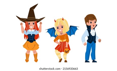Children Wearing Halloween Festival Costume Vector. Boy In Dracula Suit, Girl Wear Witch And Demon Halloween Festive Suit. Characters Celebrate Holiday Togetherness Flat Cartoon Illustration