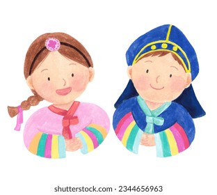 Children wearing hanbok (Korean traditional clothes) watercolor painting illustration