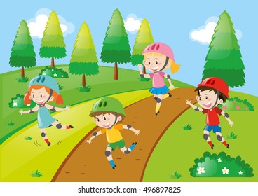 Children wearing helmets when rollerskating illustration