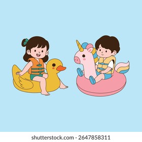Children wearing life vests and playing with water tubes. minimal line illustration.