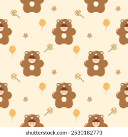 Children wearing mascot costume bear cartoon so cute. Lollipop balloon star background. Pattern seamless vector illustration. 
