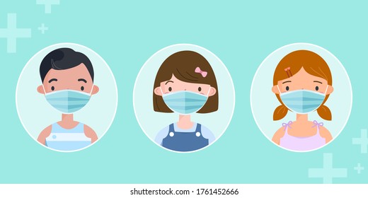 Niños con mascarillas médicas para protegerse del Coronavirus durante la pandemia de Covid19 y el polvo PM 2.5, el smog o la contaminación del aire. Concepto de distanciamiento social. Ilustración vectorial de caracteres de dibujos animados