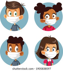 Children Wearing Medical Face Masks Avatars Set. School kids wearing protective face masks during pandemic outbreak
