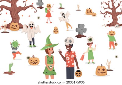 Children wearing monster costumes walking in the city vector flat illustration. Trick or treat Halloween party concept. Boys and girls in witch, ghosts, coronavirus, and scary pumpkin costumes.