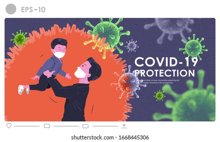 Kinder, die Schutzmasken tragen, um ein epidemisches Covid-19-Vektorillustration-Illustrationskonzept zu verhindern. Wuhan coronavirus 2019-nCoV pandemisches medizinisches Gesundheitsrisiko. Koronavirus-Ausbruch und Grippe im Jahr 2020.