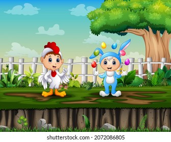 Children wearing rabbit and chicken costumes in the park